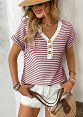 Striped Contrast V Neck Knitted T-shirt